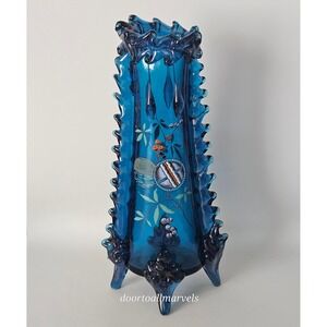 Auguste Jean Antique Blue Footed Vase Art Nouveau Enamel Paint Berries Tall 12"